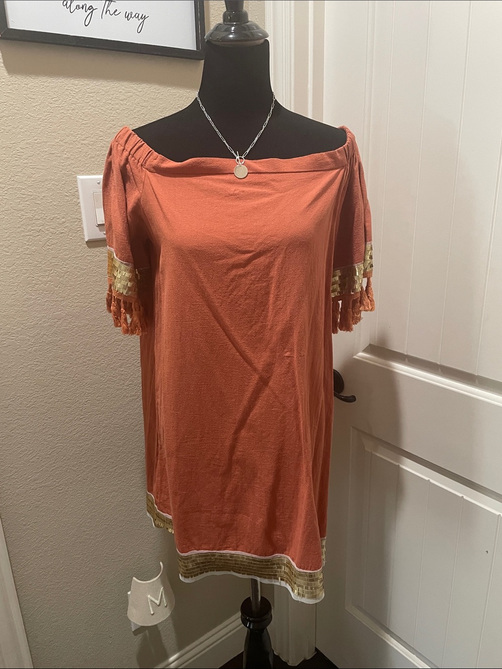 Off-Shoulder Rust Fringe Trim Women's dress